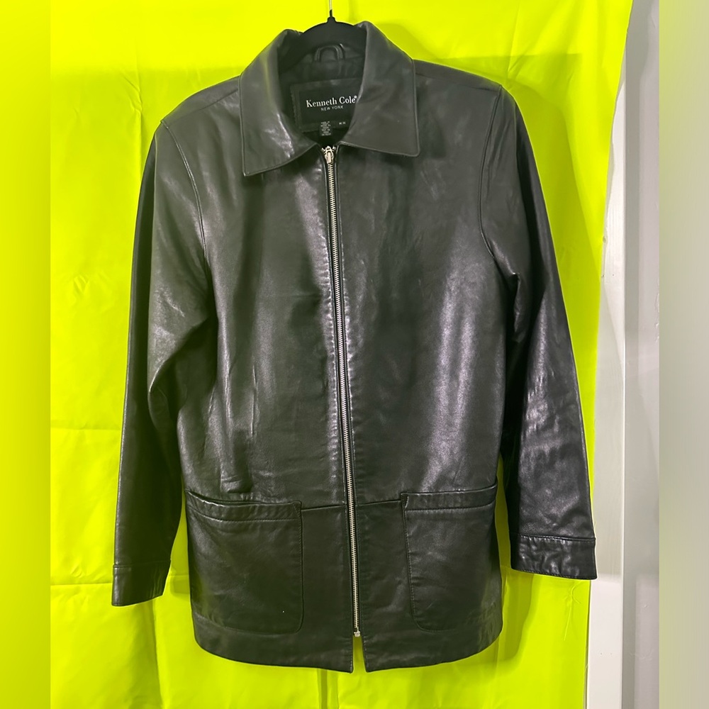 Kenneth Cole New York Black Leather Jacket Mens Medium Fashion Designer Coat